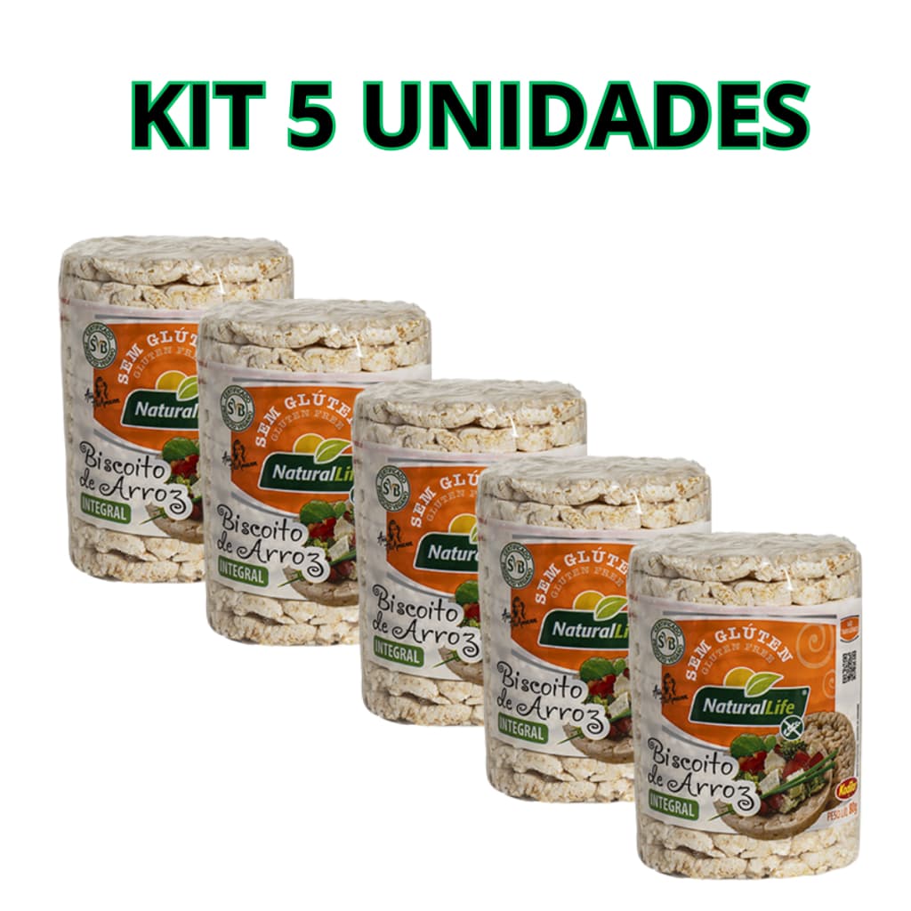 KIT 5 unidades Biscoito de Arroz Integral NaturalLife Kodilar 80g Sem Gluten