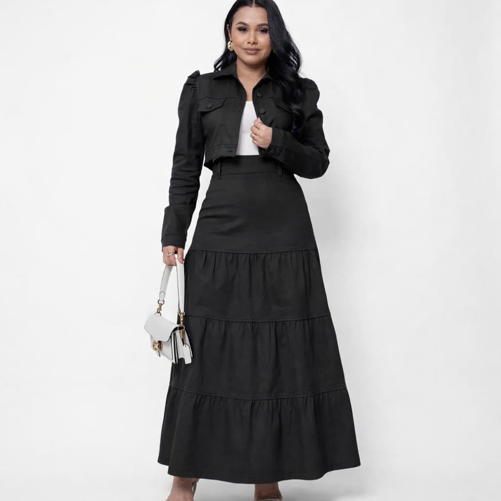 Conjunto Feminino Saia Longa Saia 3 Marias + Jaqueta Cropped Manga Longa – Elegância e Estilo