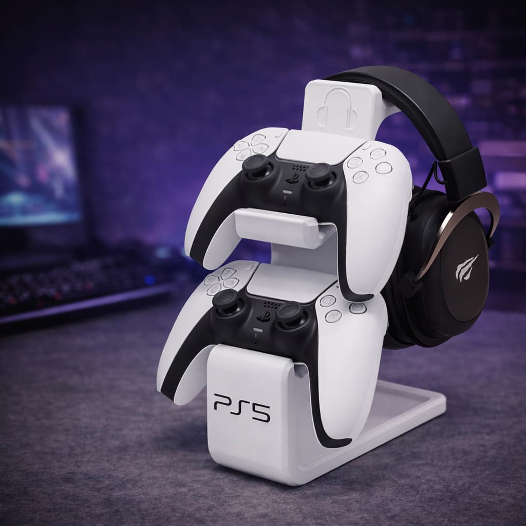 Suporte Gamer Para 2 Controles PS5 e Fone Headset Organizador de Setup