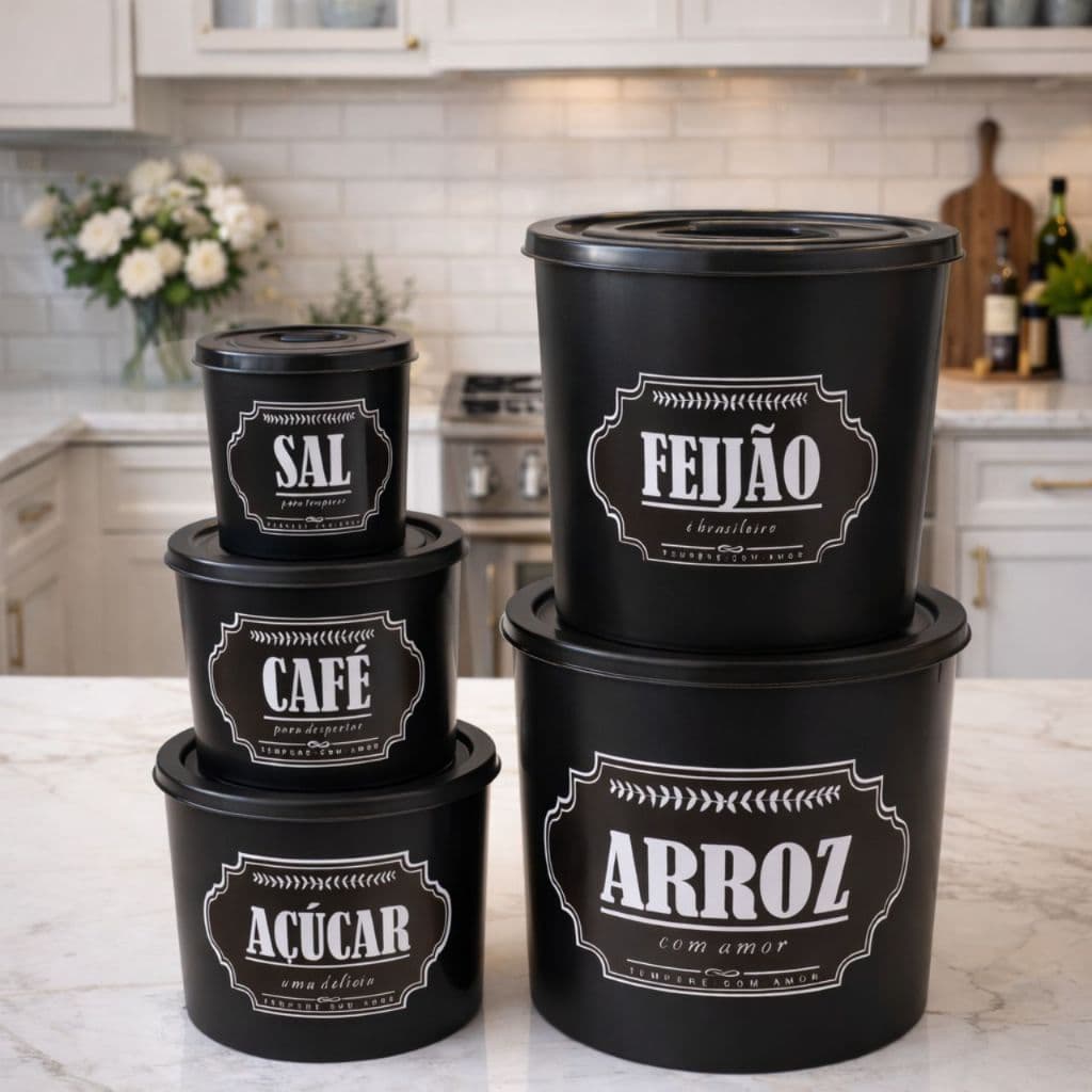 Kit Conjunto 5 Potes Mantimentos Organizadores Clássico Decorado Frases Cozinha Casa