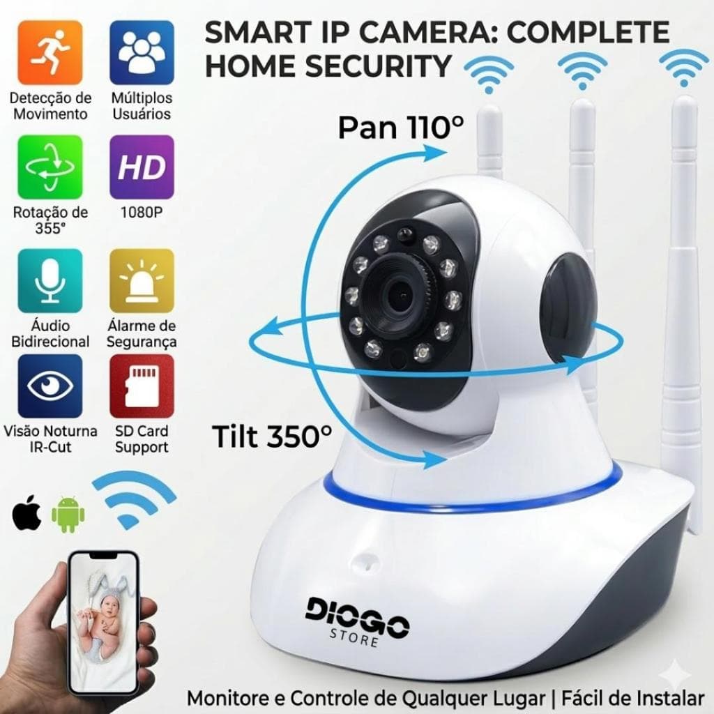 Câmera IP WiFi 1080p HD LEBOSS MB 841 Visão Noturna Rotação 355° Áudio Monitoramento App Celular App Yoosee