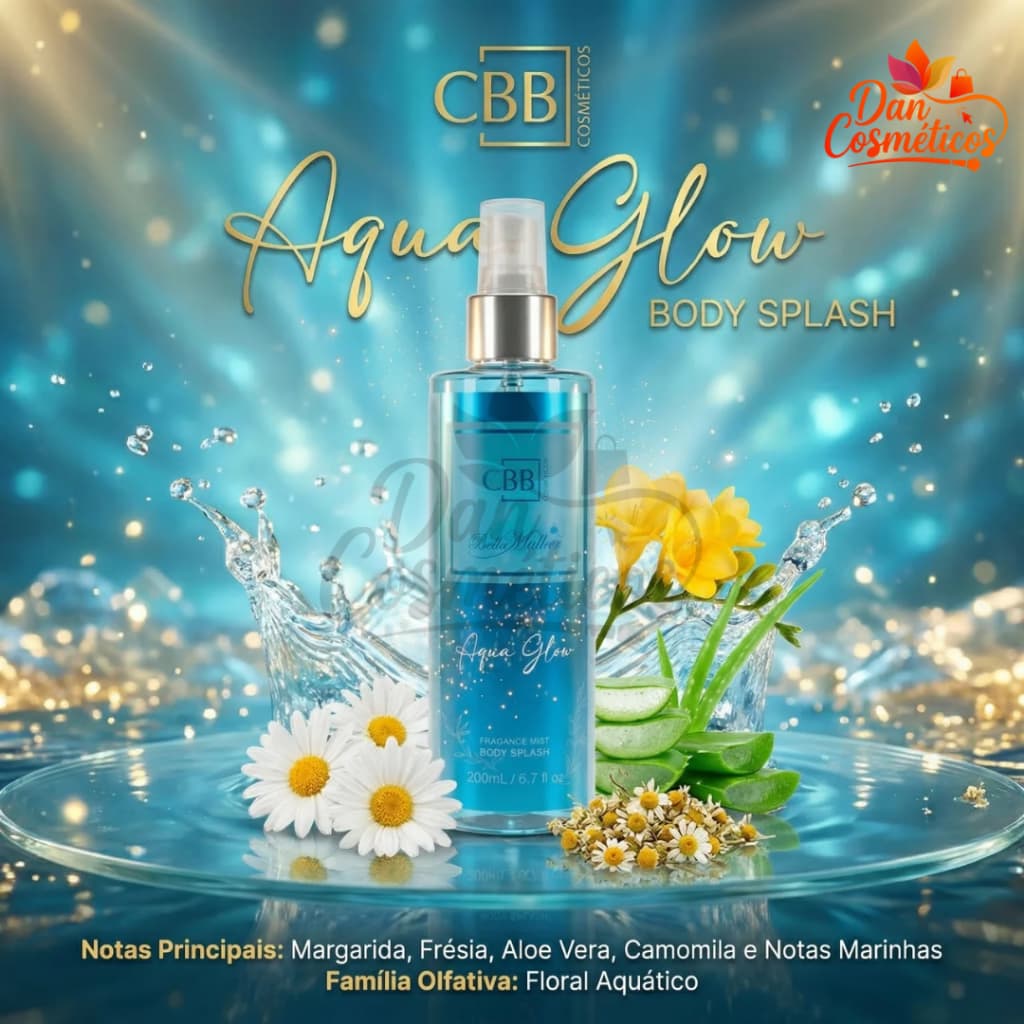 Body Splash Aqua Glow CBB Cosméticos - Brilho Prateado Mica + Frescor Incrível