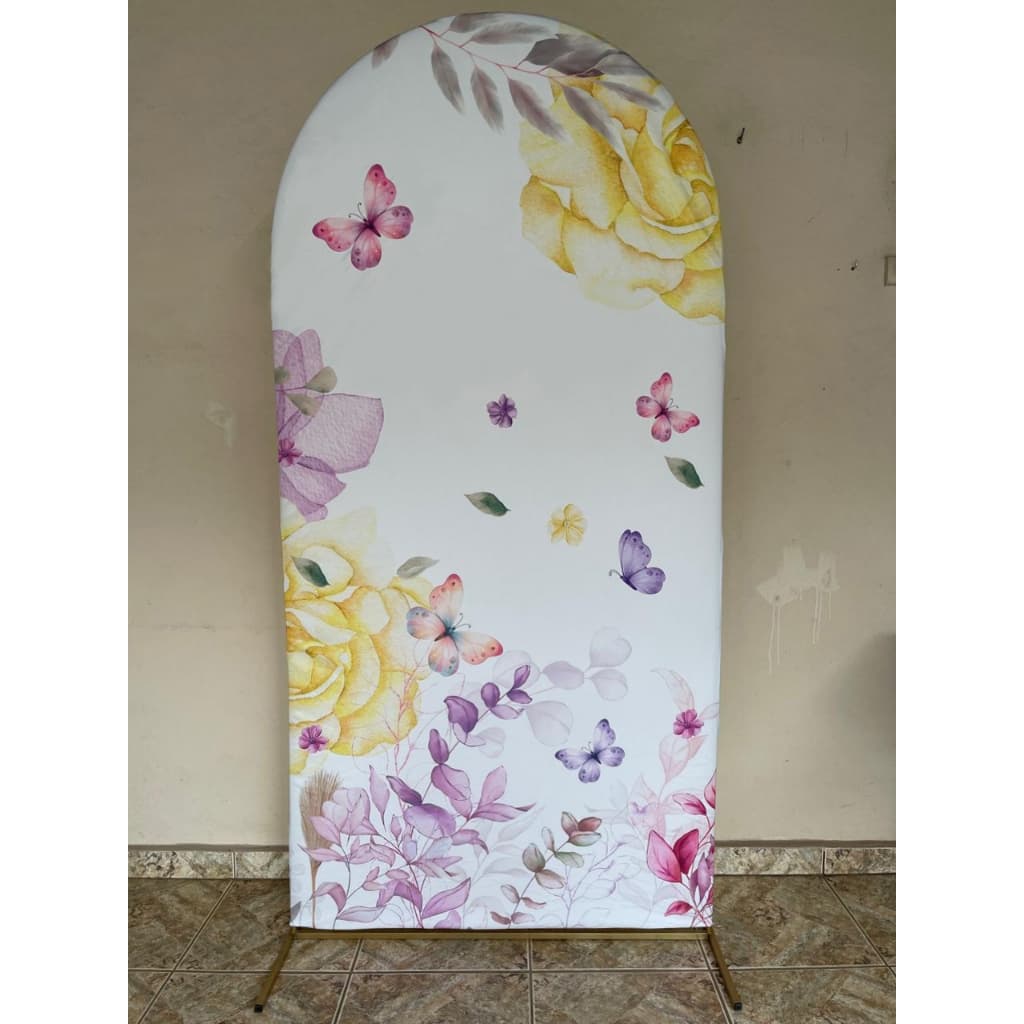 Capa para painel de festa Romano 1x2mts LxA malha sublimada jardim borboletas florido aquarela