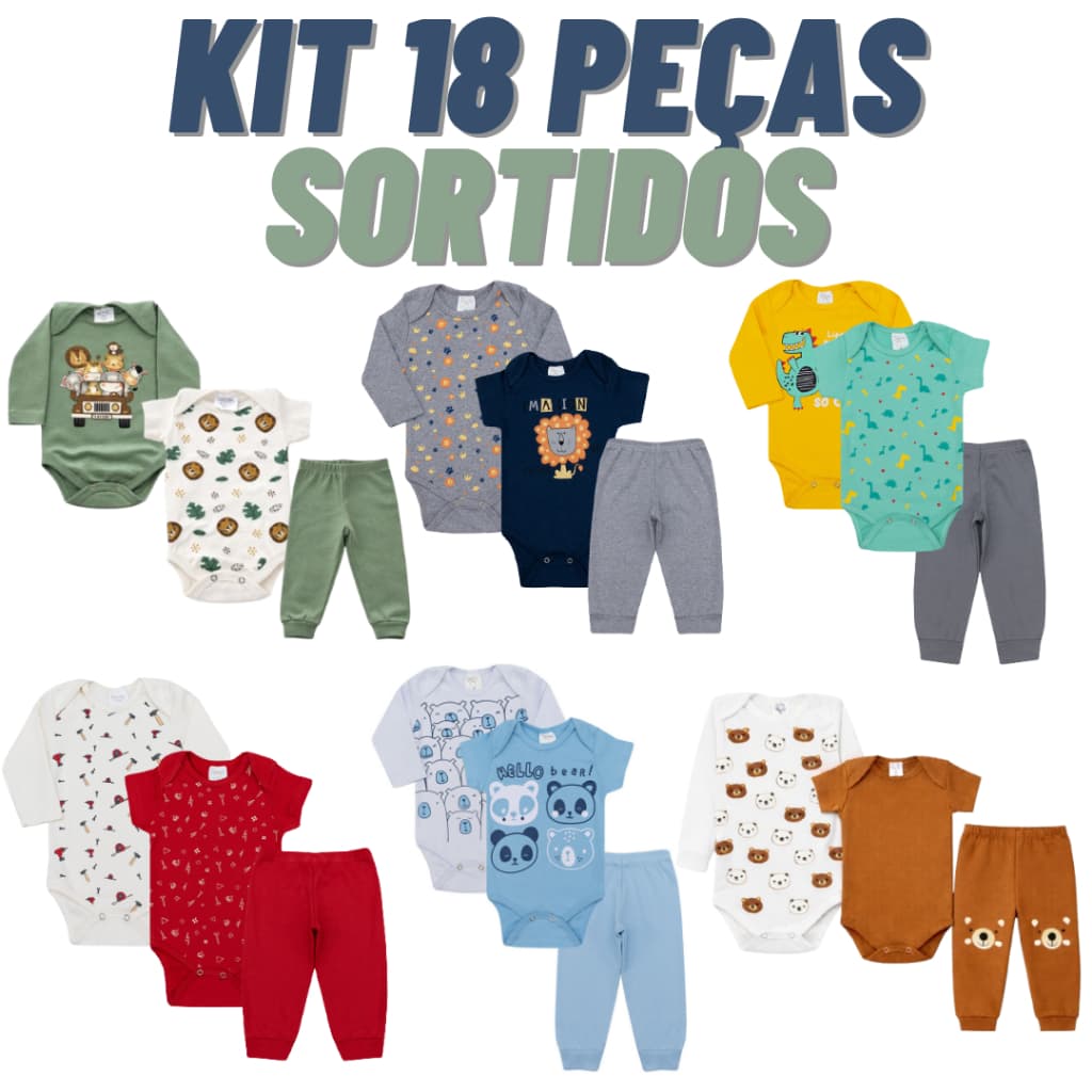 Kit body Bebê 18 peças, Manga Longa, Manga Curta e Calça Roupas de Bebê