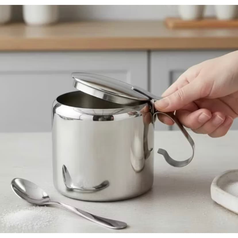Açucareiro Inox 350 ml com Tampa e Colher Porta Açúcar Elegante Cozinha Moderna Resistente