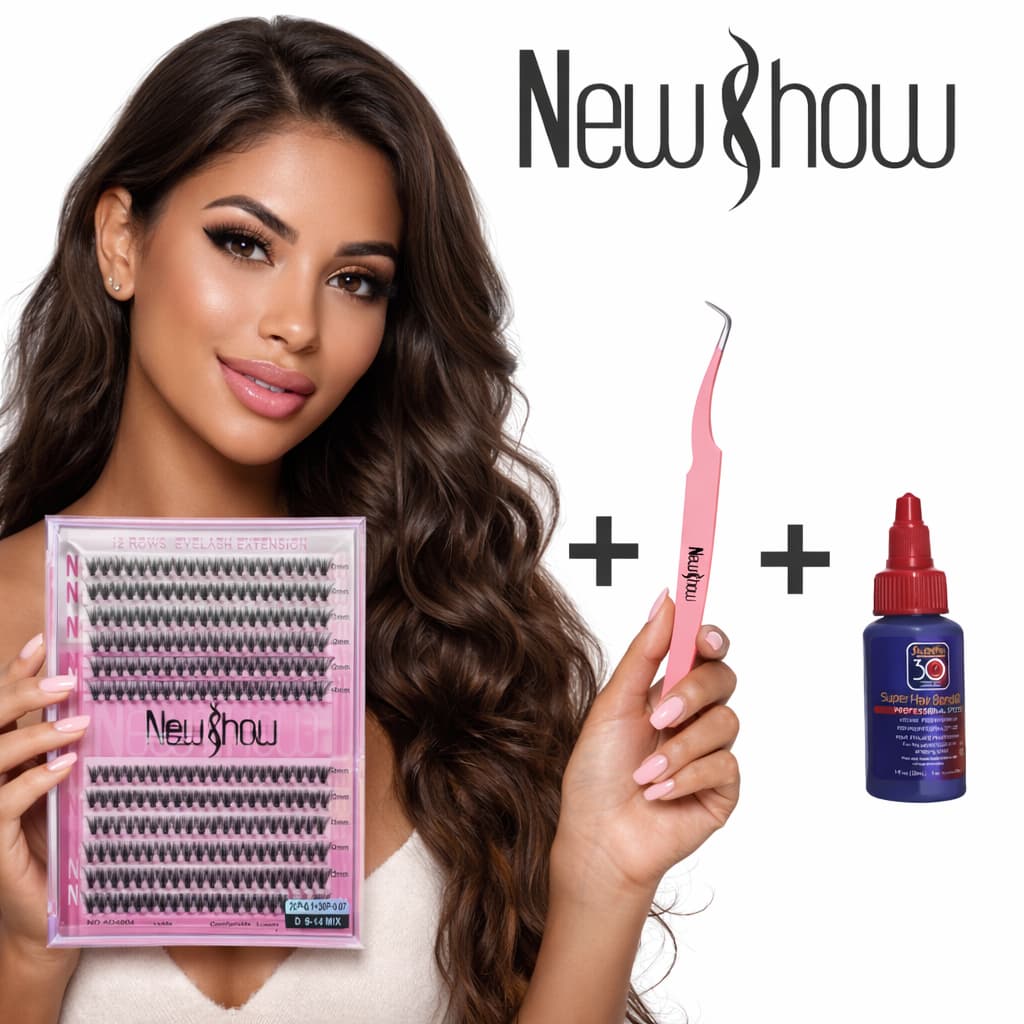 New Show 1 Cartela De AD4098-20P-0.1+30P-0.07 D 9-14MIX Cilios Tufos+1 Pinça+1 Super Cola 30ml Salon Pro Rich