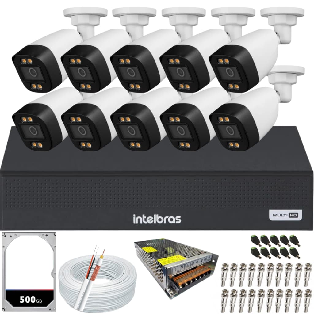 Kit 10 Câmeras Segurança Color 1080p 2.8mm Dvr Intelbras 500gb