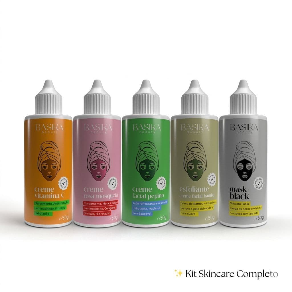 Kit Skincare Facial Basika Beauty Limpeza Hidratação e Clareamento 5 Produtos 50g cada