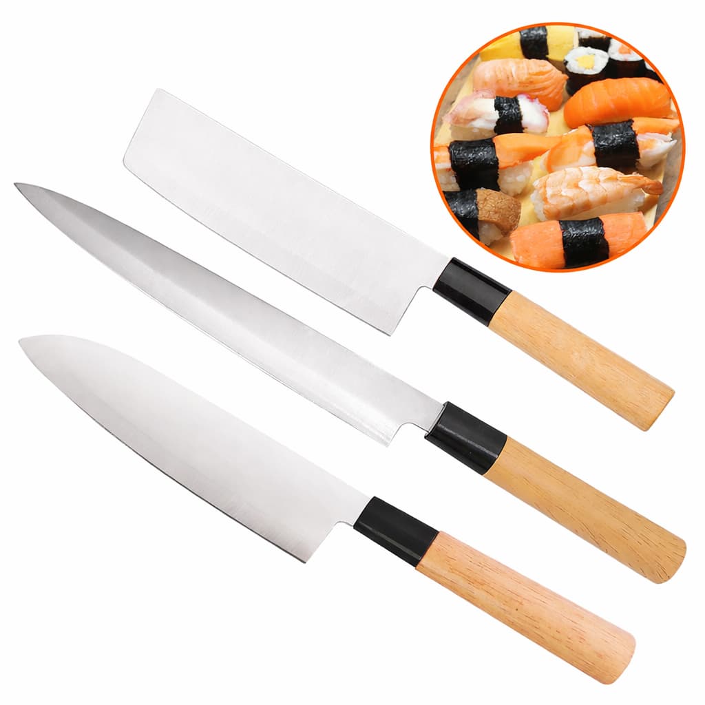 Jogo 3 Facas Japonesas Peças Aço Inox 7 e 8 pol Cutelo Santoku Yanagui Para Sushi Sashimi Peixe Carne legumes