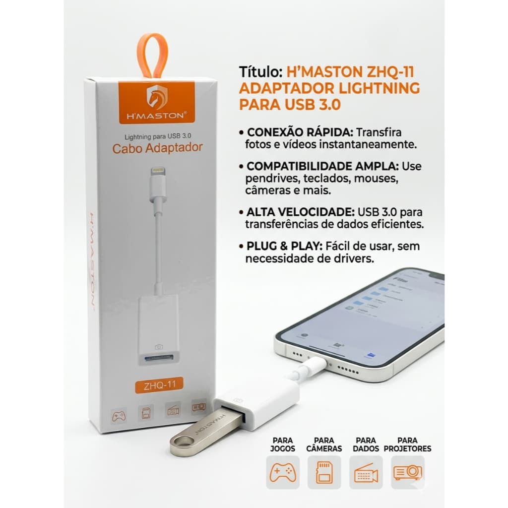 Adaptador iPhone Lightning Para USB 3.0 OTG Pendrive Teclado H'Maston