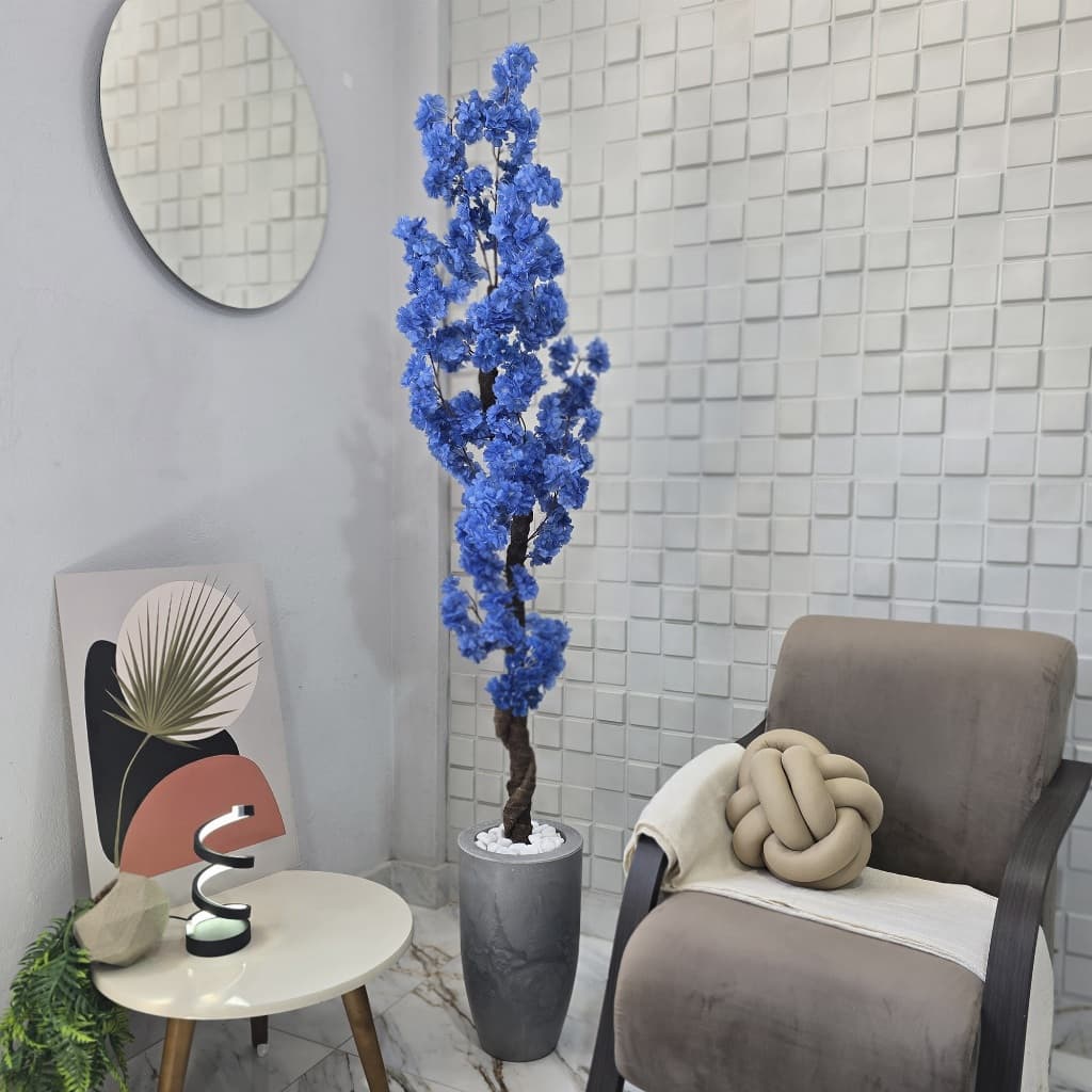 Flor Artificial Cerejeira Japonesa Azul 150cm Vaso Marmorizado Pedra Decoração Sala