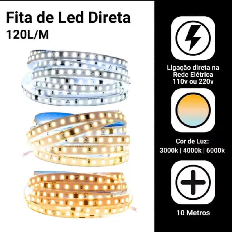 FITA LED DIRETA 120LEDS/M ROLO 10M 127/220 PARA PERFIL DE LED 3000k