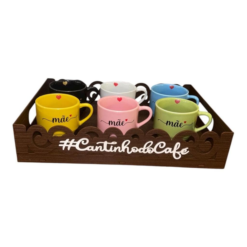 Bandeja Arabesco Marrom + 6 Xícaras De Porcelana Colorida 200 Ml Mãe Café Chá