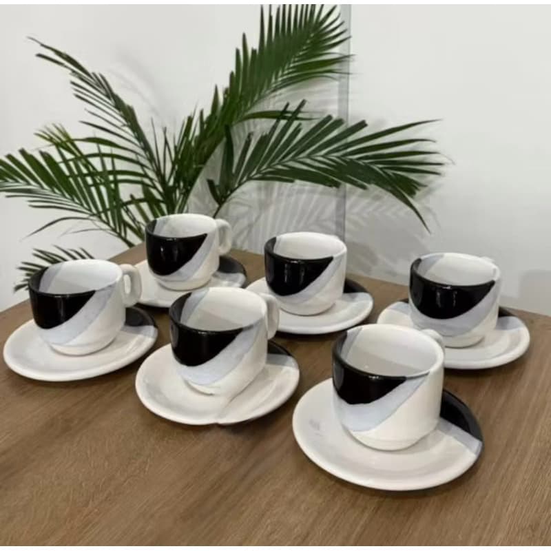 Jogo com 6 xícaras 6 pires 12 peças completo de cerâmica diversas cores alegres 220ML cha e cafe