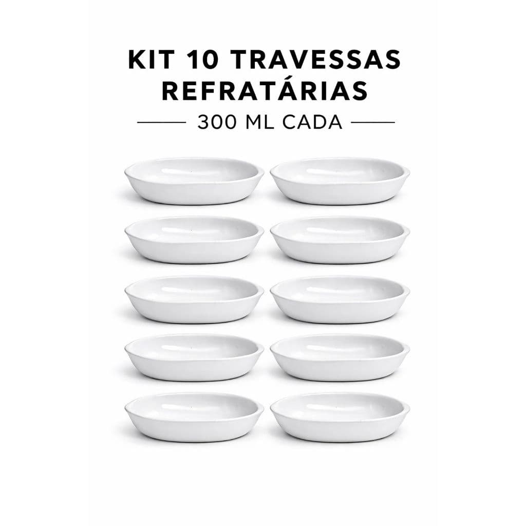 Kit 10 Travessas Porcelana Refrataria Oval Branca 300ml