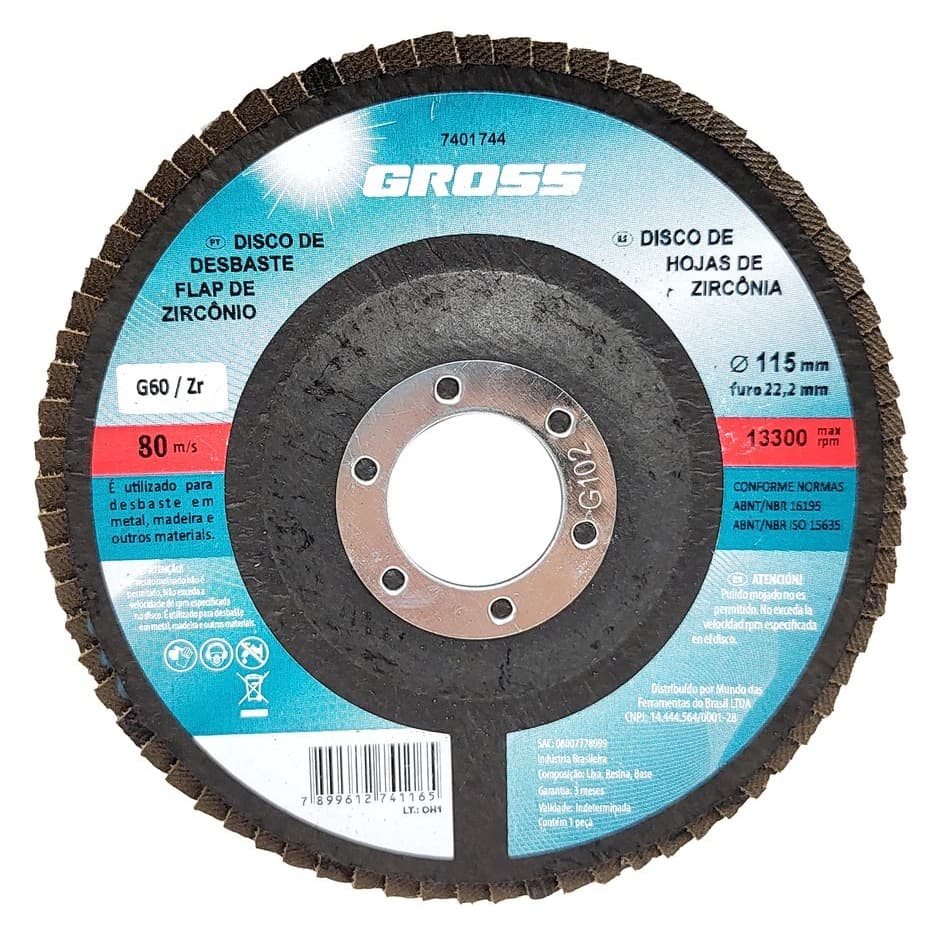 Disco Flap Desbaste Zirconio Grão 60 115x22mm - Gross 7401744