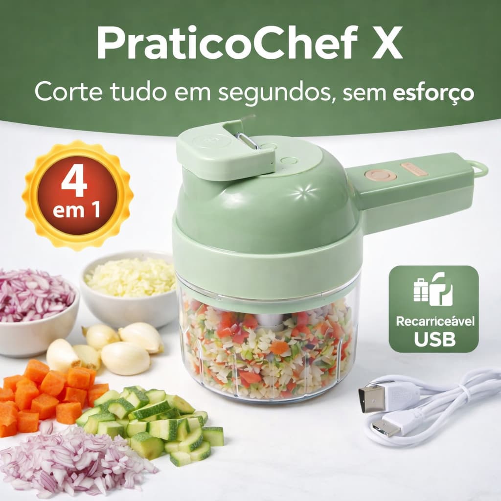Triturador Elétrico Multifuncional 4x1 Recarregável USB PraticoChef X Portátil Cozinha Rápida