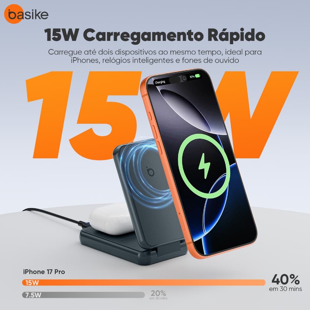 Carregador Indução 2 em 1 Basike 15W Magnético MagSafe iPhone 12 ao 17 Samsung Dobrável Estação c/ Luz Noturna Turbo