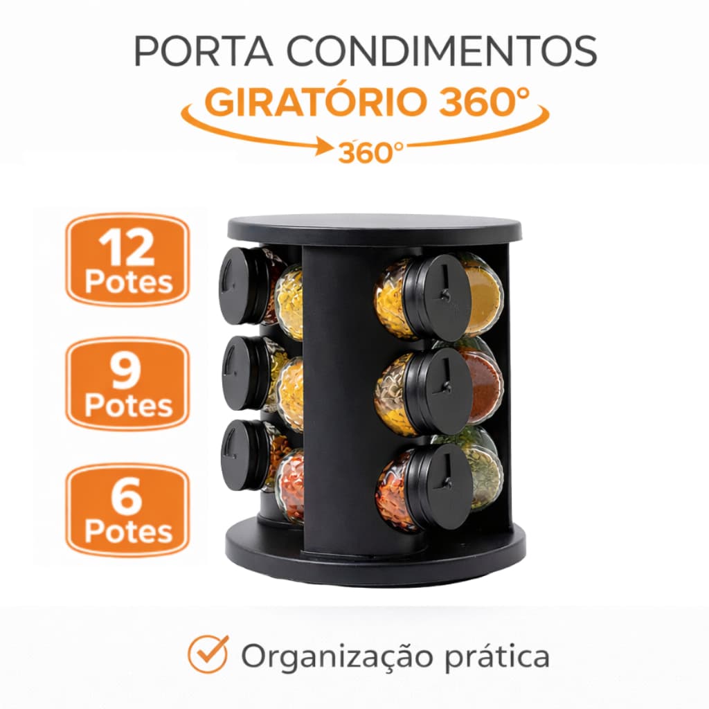Porta Temperos Giratório Potes de Vidro Tampa Dosadora Porta Condimentos 6, 9 ou 12 Potes