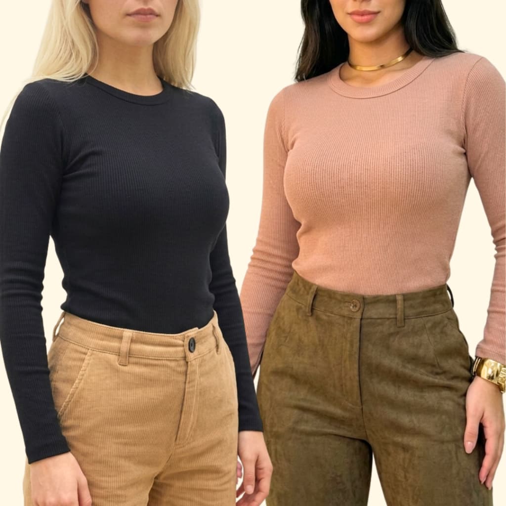 Kit 2 Blusas Feminina Ribana Canelada Manga Longa Básica Gola Redonda