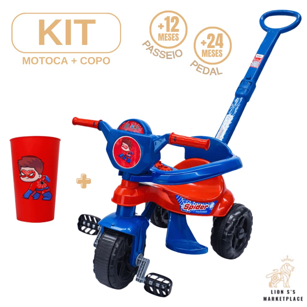 Triciclo e Copo Spider Infantil Com Pedal Proteção Lateral Haste Removível