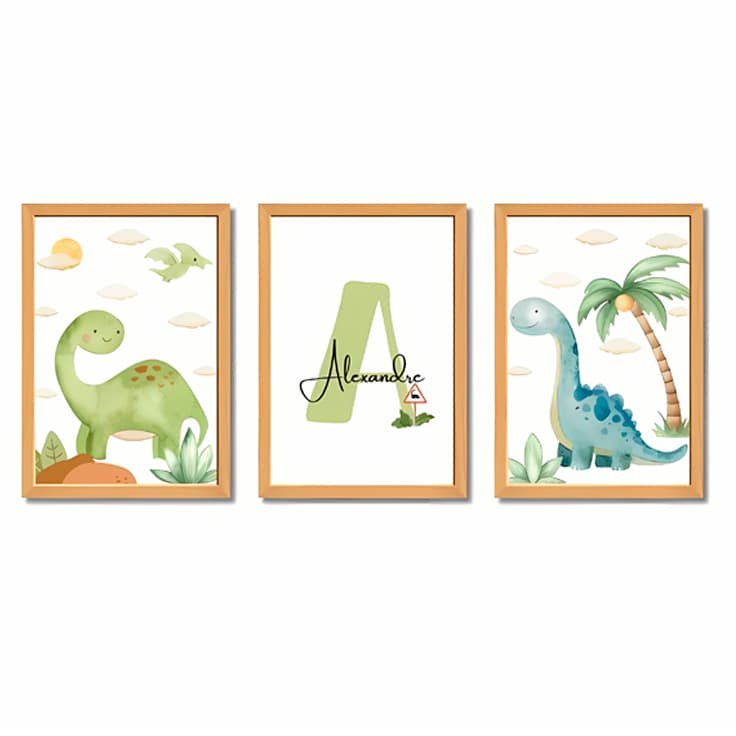 Quadro Decorativo Infantil Dinossauro Personalizado Nome Decoração Quarto Bebê 3 Peças