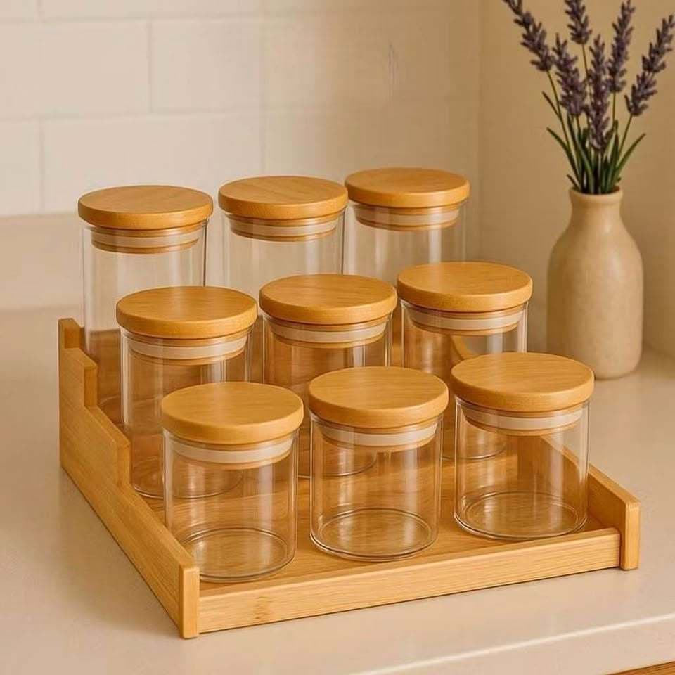 Kit 6 Potes de Vidro com Tampa de Bambu Hermético 200ml – Somente os Potes Mantimentos Organizador de Cozinha