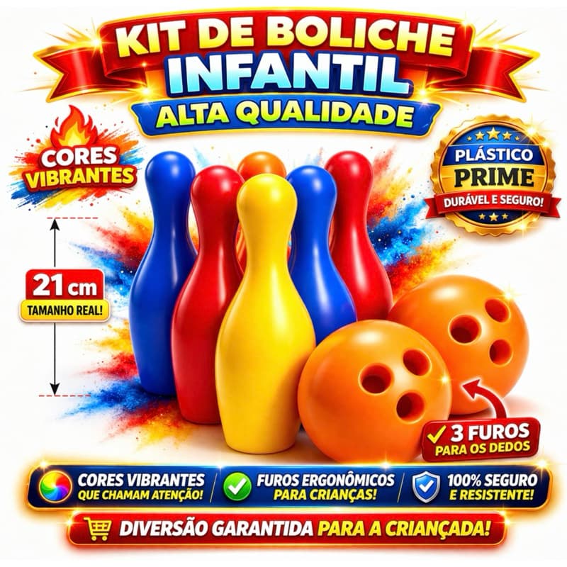 Jogo de Boliche Infantil - 6 pinos de 21 cm mais 2 bolas - Cores Vibrantes - Material Prime - Educativo - Divertido