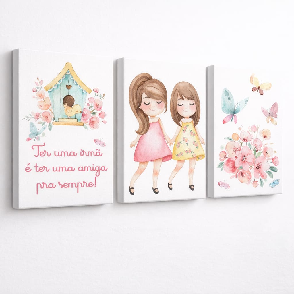 3 Quadros Infantil Meninas Irmãs Aquarela Borboletas Placa MDF Decorativa Quarto Bebê Menina Decoração