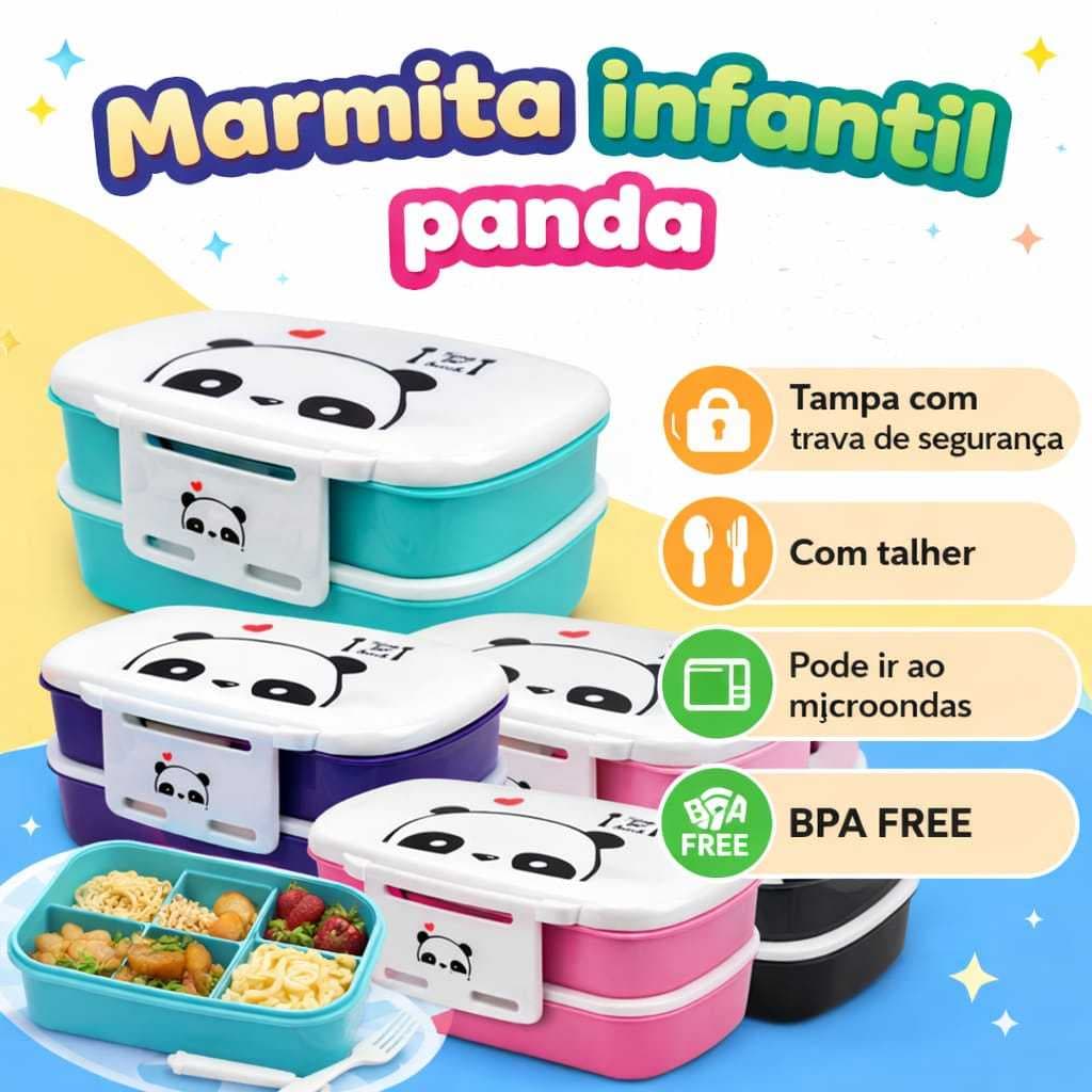 Marmita Lancheira Infantil Panda Coloridas 800 ml com talher