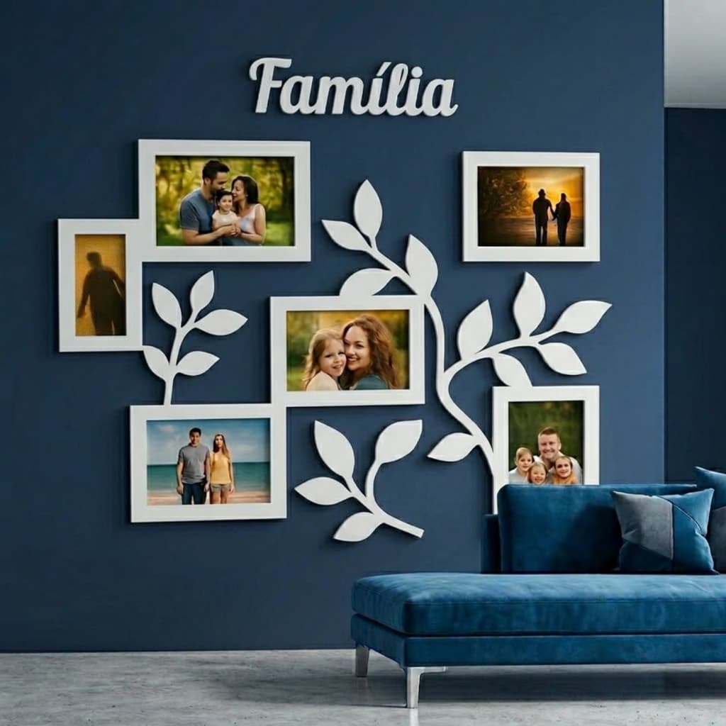 Porta Retrato de Parede para 6 Fotos Familia Casal Namorados Decoração Sala MDF Preto Branco e Cru Envio rápido