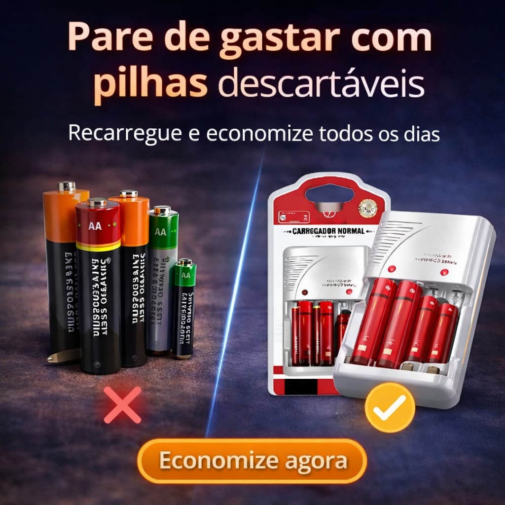 Carregador de Pilhas AA AAA Com 4 Pilhas Recarregáveis Bivolt LED Automático