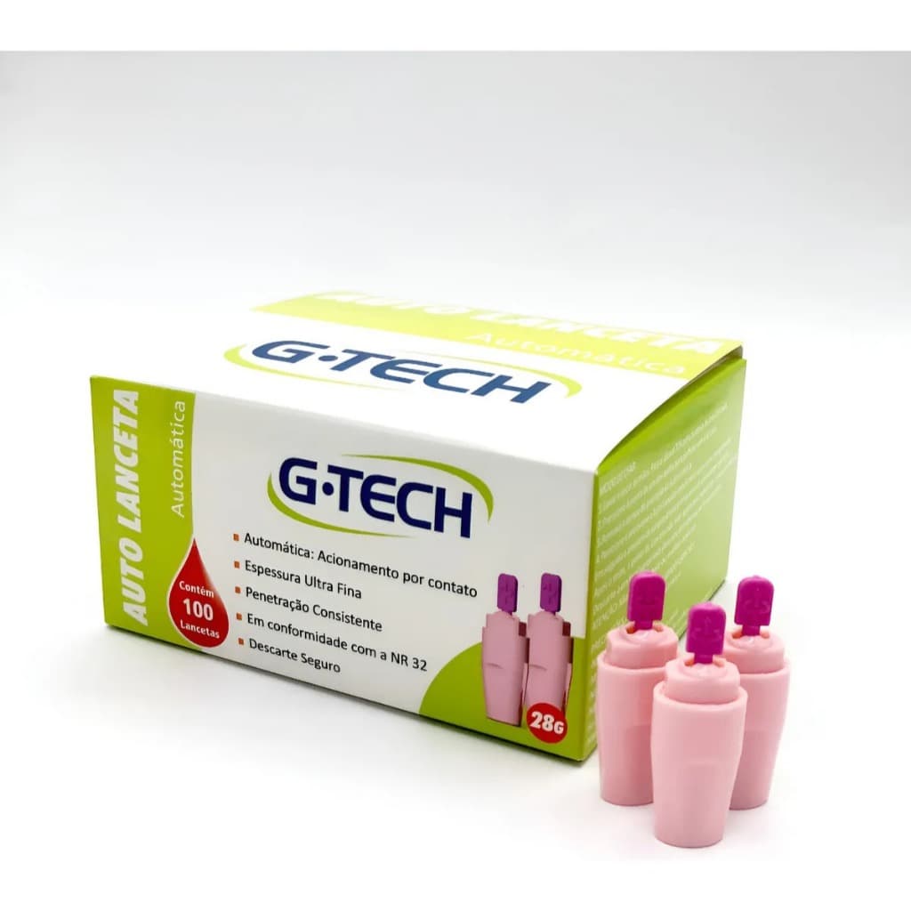 Auto Lanceta automática G-tech 28g com100 Unidades Ultrafina Rosa