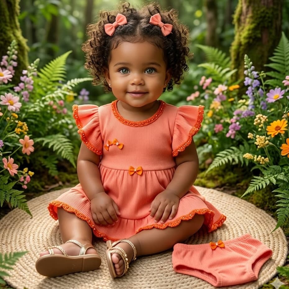 Vestido bebê menina  laranjinha luxo, kit vestido calcinha laço cabelo crochê canelado algodão