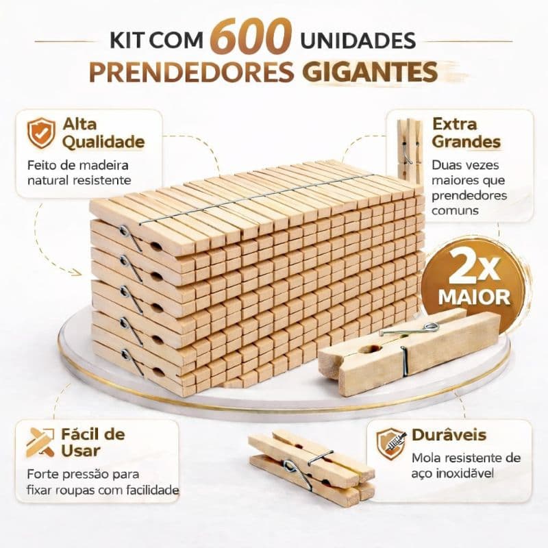 KIT 600 Prendedores de Roupa GRANDE de Madeira Reforçado Para Varal Mola Forte