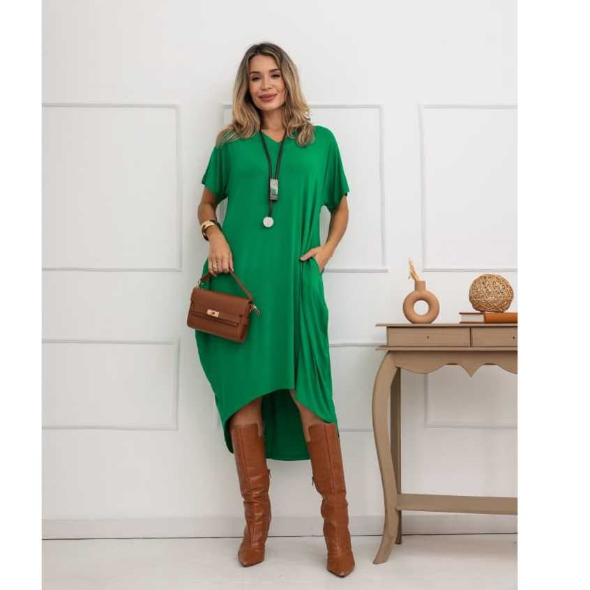 Vestido Feminino Mullet Manga Curta Com Bolso moda evangelico veste 44 ao 48