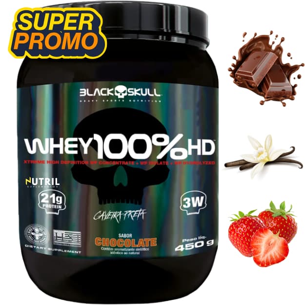 Whey Protein 100% HD 450g Black Skull – Ganho de Massa, Recuperação Muscular, Força e Performance