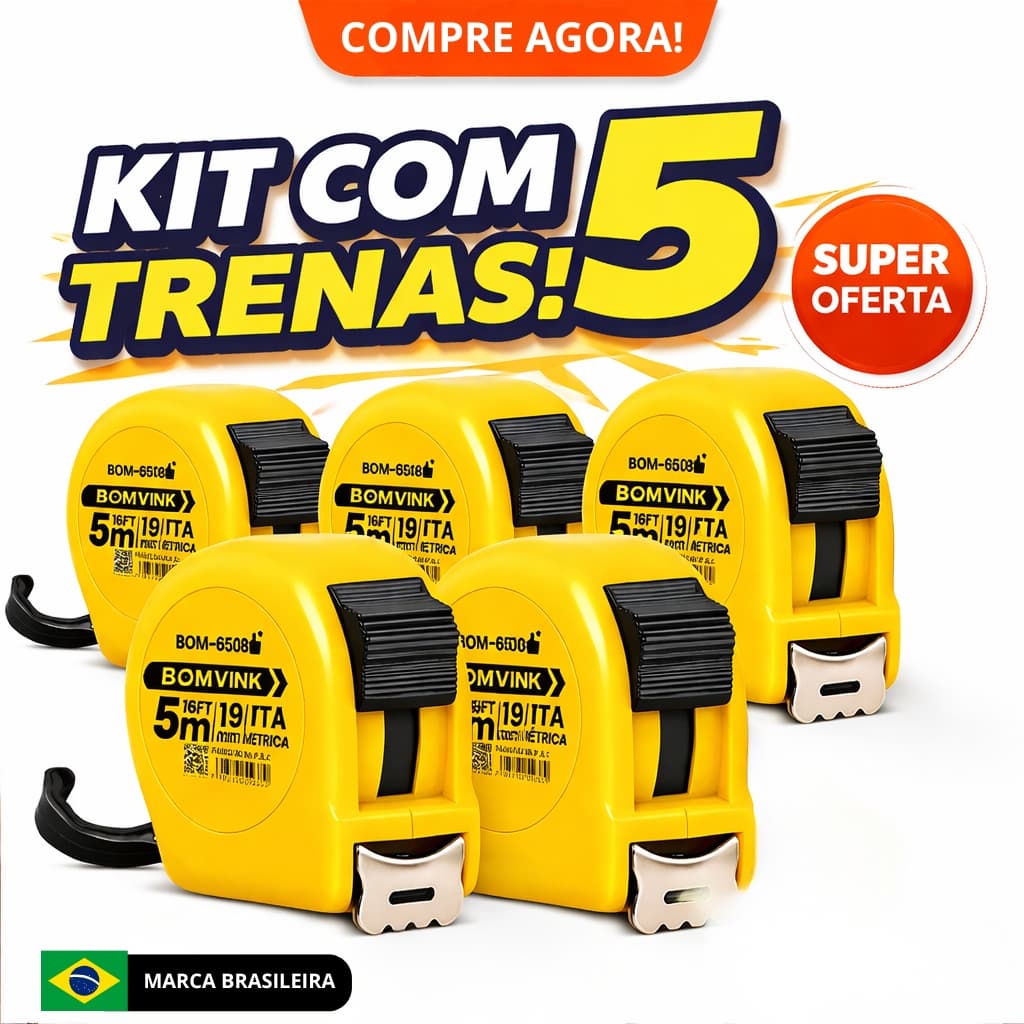 Kit 5 Trenas Fita Métrica 5 Metros 19mm Aço Profissional com trava