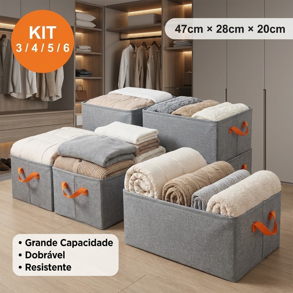 Kit Caixas Organizadoras Dobráveis Grande Multiuso Para Closet Guarda Roupa Edredom Lavável Em Tecido TNT