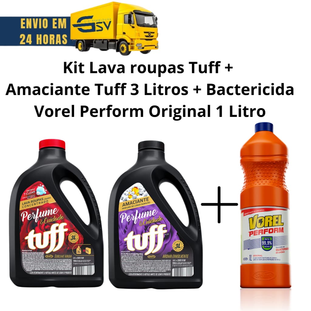 Kit Lava roupas Sublime Magia 3L+Amaciante Aroma Envolvente 3L Tuff+Bactericida Vorel Original 1L