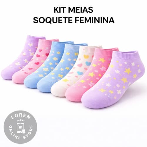 Kit Até 24 Pares de Meia Feminina Soquete Estampada Sortidas 35-40