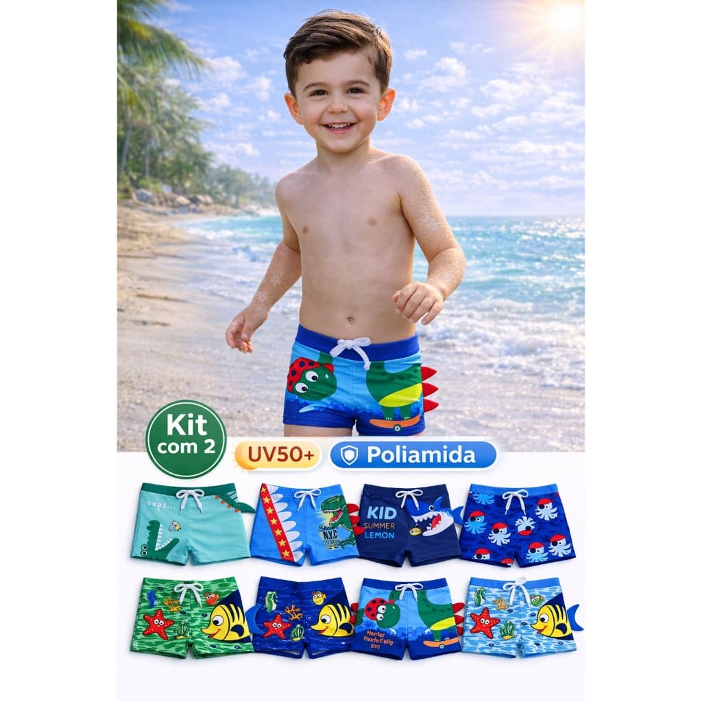 Kit 2 Sunga Infantil Menino 3D UV50 Proteção Solar Moda Praia Confortável Forrada