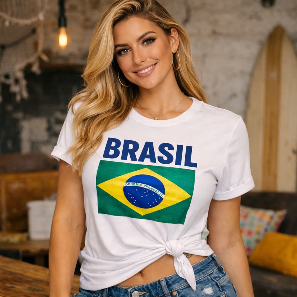 Camiseta Feminina T-Shirt Brasil amarela, Brasileira Copa do Mundo Estilo, Moda Verão, Tendência 100% Algodão