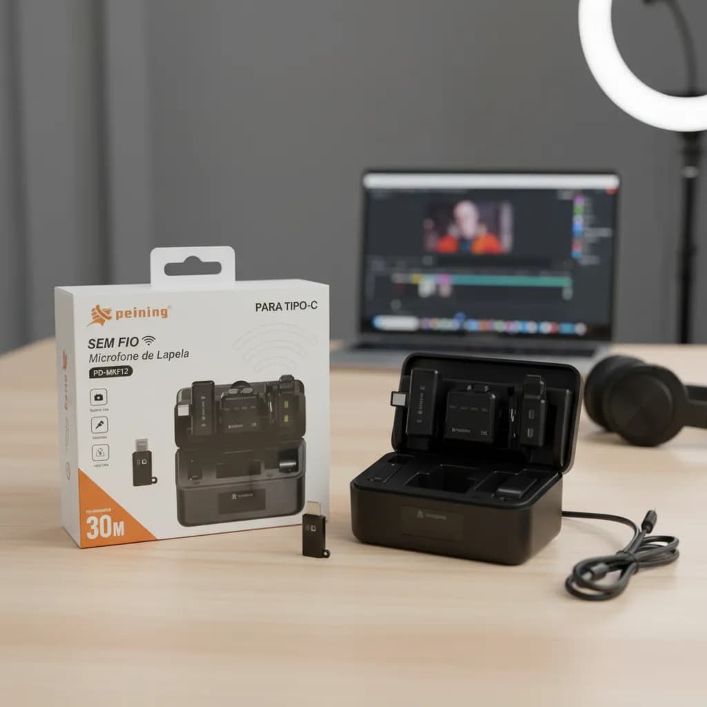Microfone Lapela Sem Fio Duplo Peining Pei-MKF12 Tipo-C com Estojo de Carregamento
