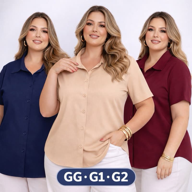 Camisa Plus Size Feminina Crepinho Lisa Social Manga Curta Não Amassa | GG G1 G2 | Trabalho Confortável
