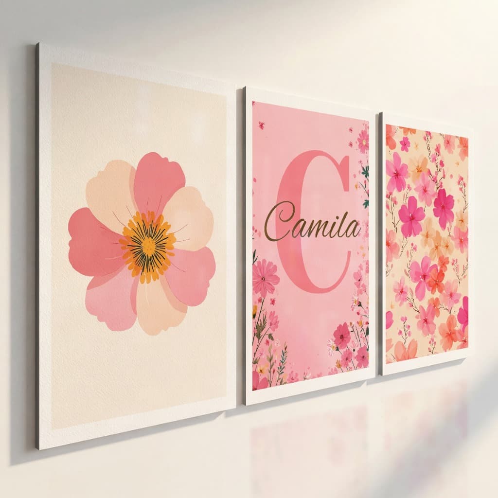 Quadros Decorativos Infantil Floral Rosa Kit 3 Peças Personalizado Com Nome Para Quarto