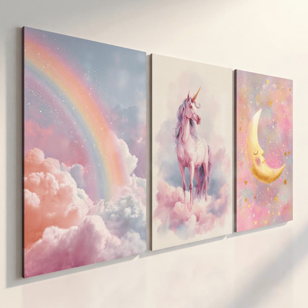 Quadros Decorativos Infantil Unicórnio Arco Íris Lua Kit 3 Peças Rosa Para Quarto Menina