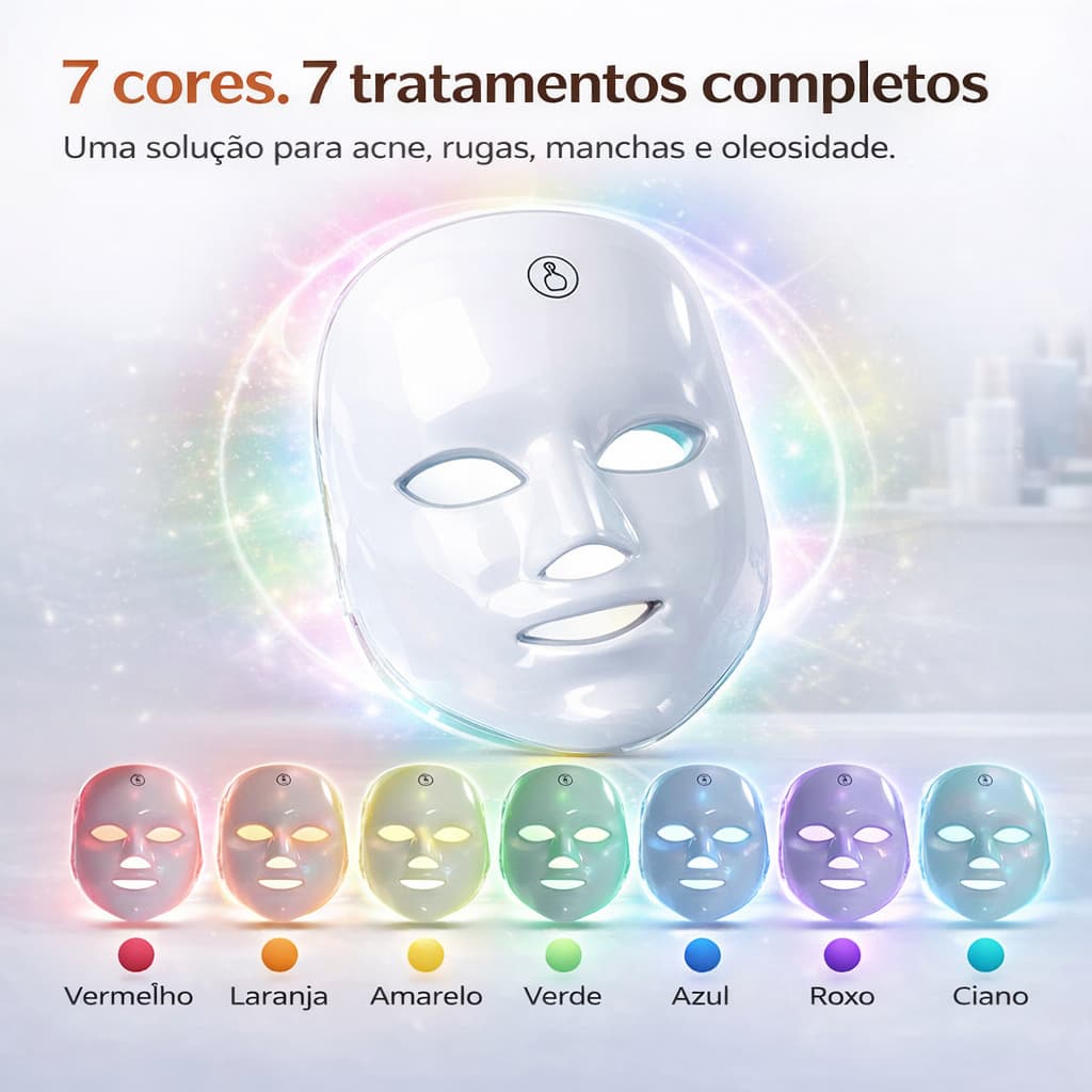 Máscara Facial LED 7 Cores Fototerapia Rejuvenescimento Acne Rugas Clareamento Profissional USB Acne