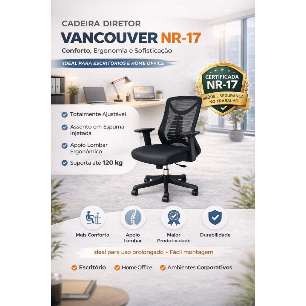 Cadeira Diretor Vancouver NR17 Ergonômica Ajustável Escritório Home Office Preta Conforto