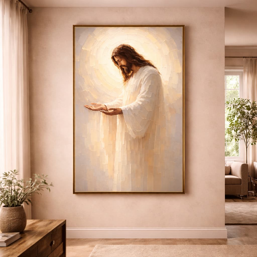 Quadro Decorativo Pintura Jesus Cristo Acolhedor Vitral Minimalista Clean Sereno Moderno 110x70